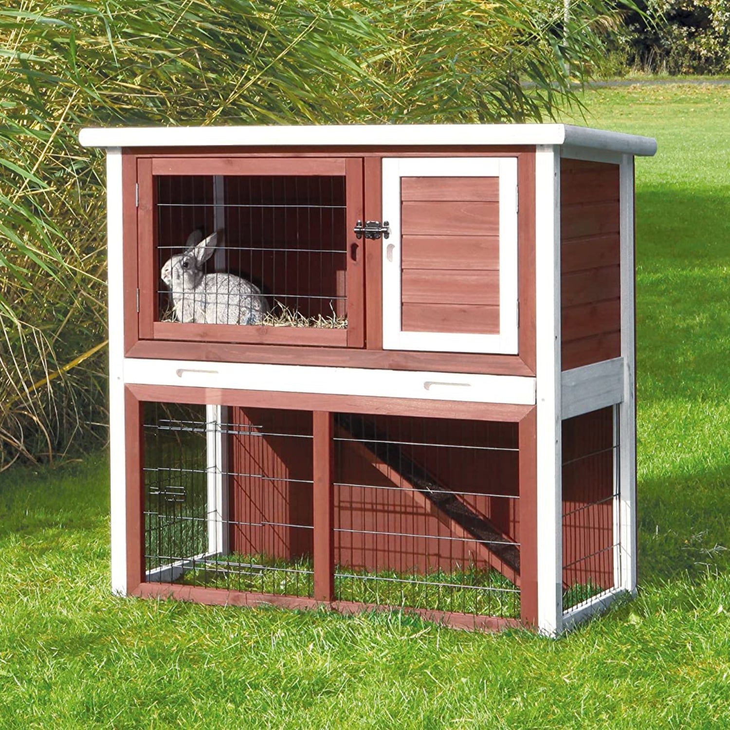 Medium Brown White Rabbit Cage with Pitched Roof | Pet Care Decarini